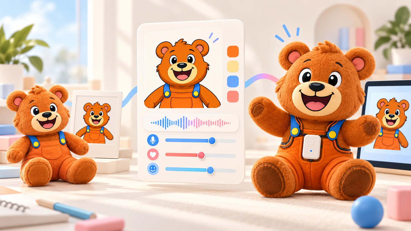 Illustrated character creation journey from a Bearie source image through voice and personality configuration to a connected toy.